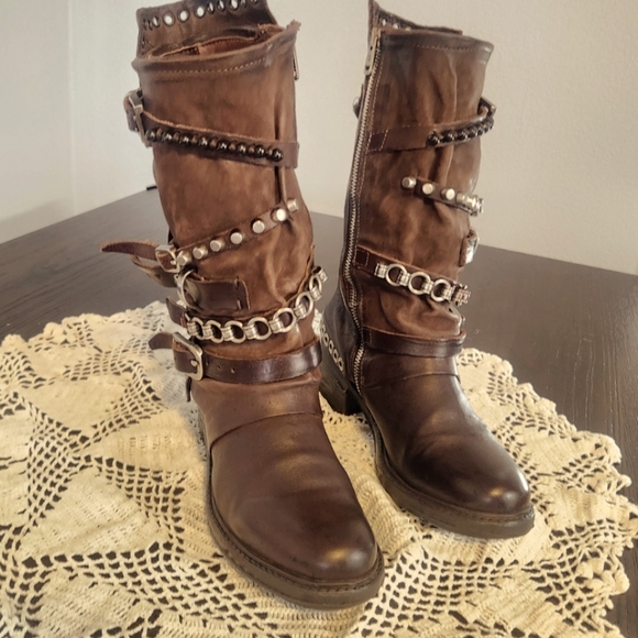 A.S.98 RARE ROCK & ROLL MOTO  Brown Boots with Straps and Studs - Picture 4 of 6